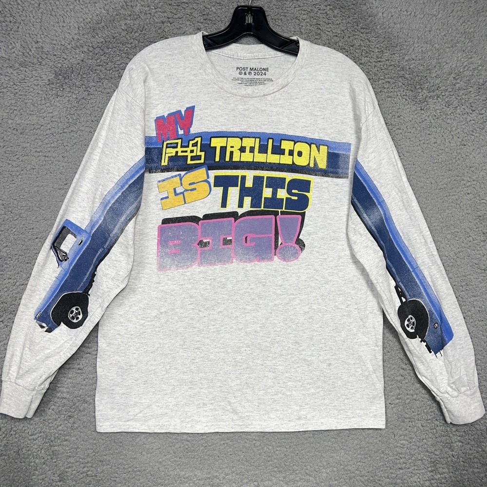 Post Malone F-1 Trillion Is This Big! Tour Shirt‎ Sz L Gray Long Sleeve Back Hit